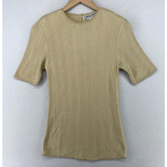 CARLISLE SPORT Sweater M Silk Herringbone Round Neck Short Sleeve Beige HK VTG - Picture 1 of 11